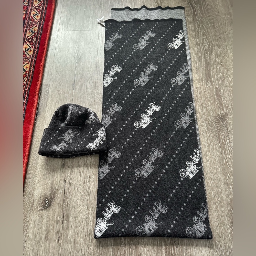 Coach Black and Gray Scarf and Beanie Set with Carriage Design - Picture 4 of 8